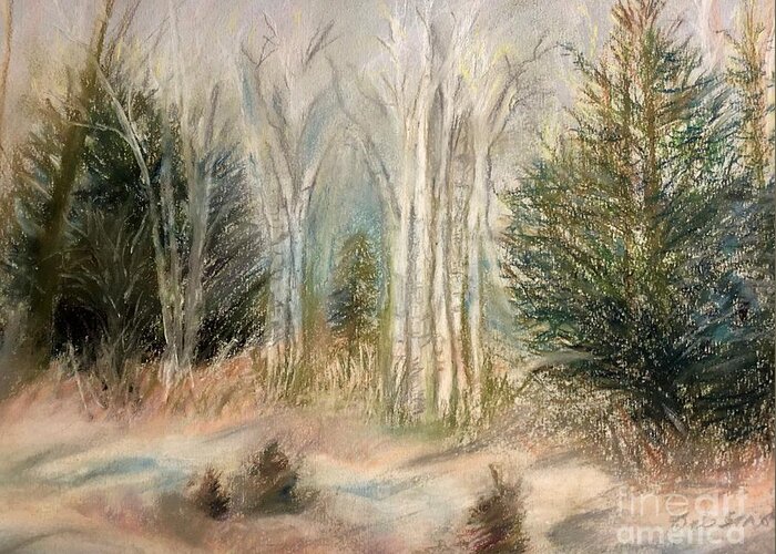 Birch Greeting Card featuring the painting Foggy Birch by Deb Stroh-Larson