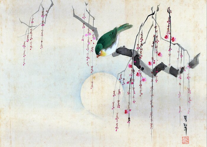Hotei Greeting Card featuring the painting Bird and Moon by Hotei