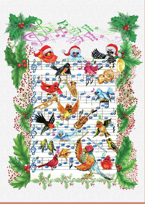 Bird Music 4 Christmas-white Greeting Card featuring the painting Bird Music 4 Christmas-white by Sher Sester