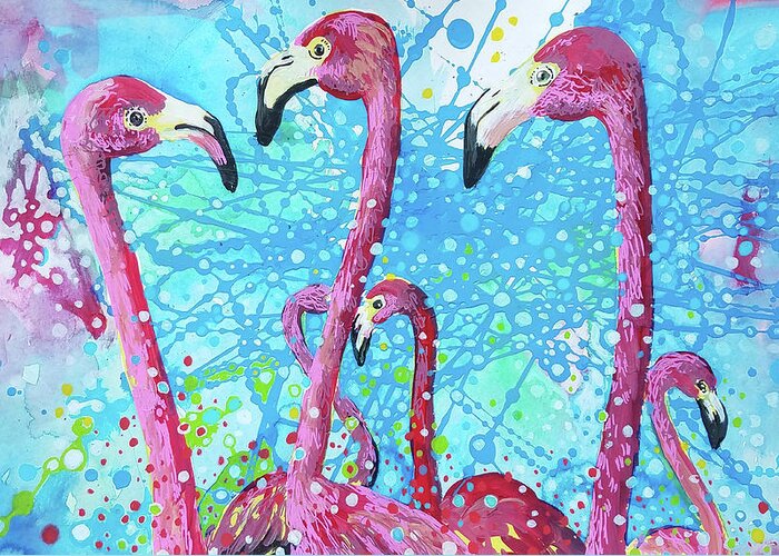 Flamingo Greeting Card featuring the painting Birds of a Feather by Tilly Strauss