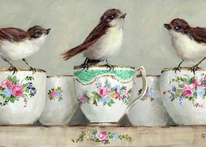 Vintage Greeting Card featuring the painting Birds on China Teacups by Gail McCormack