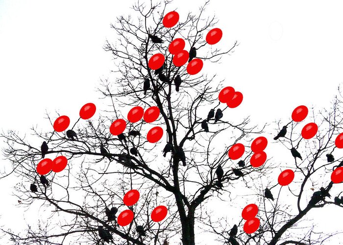 White Background Greeting Card featuring the digital art Birds With Red Balloon Perching On Dead by Never Let Good Taste Stand In The Way Of Style
