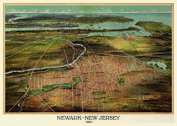 Birdseye View Of Newark Greeting Card featuring the mixed media Birdseye View Of Newark, New Jersey 1916 by Vintage Lavoie