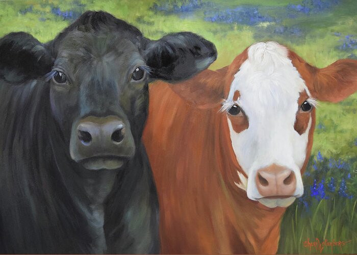 Angus Cow Greeting Card featuring the painting Black Angus And Hereford Cross by Cheri Wollenberg