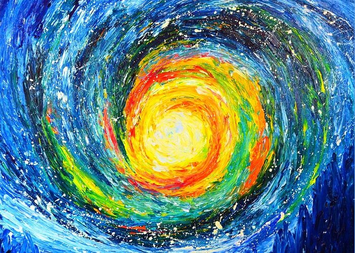 In A Deep Galaxy Here You Can See A Black Hole Becoming A Sun Greeting Card featuring the painting Black Hole Sun by Chiara Magni