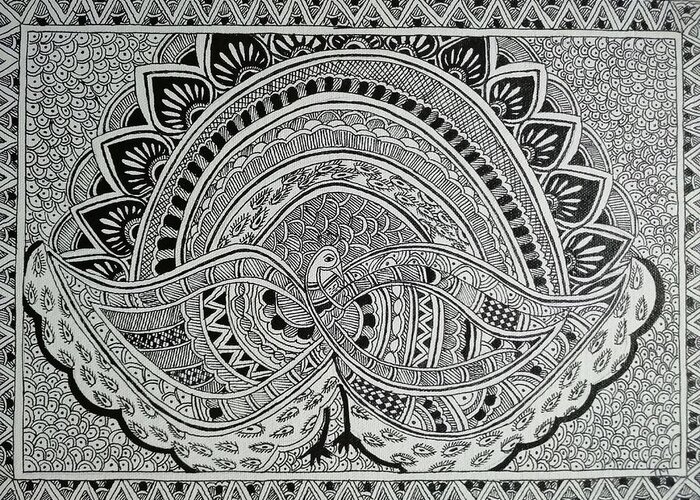 Black Peacock Madhubani Painting Greeting Card by Tulsi Manjari Chatterjee