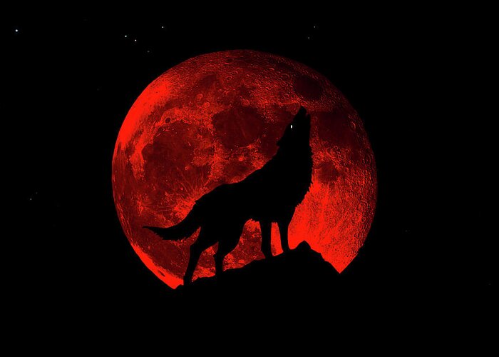 Bloodred Wolf Moon Greeting Card featuring the photograph Blood Red Wolf Supermoon Eclipse 873l by Ricardos Creations