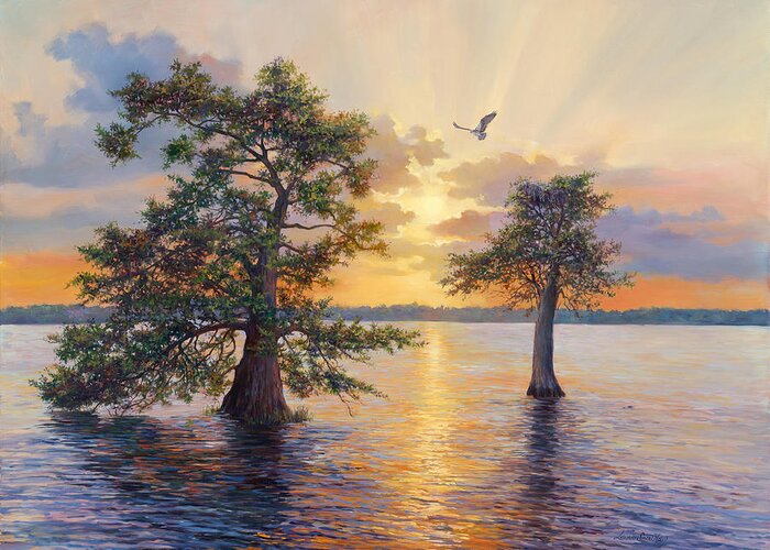 Romantic Landscape Greeting Card featuring the painting Blue Cypress Sunset by Laurie Snow Hein