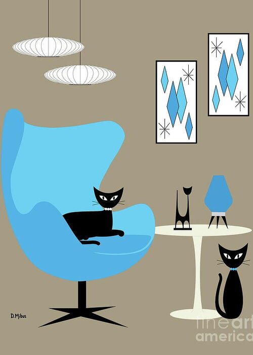 Mid Century Modern Greeting Card featuring the digital art Blue Egg Chair with Cats by Donna Mibus