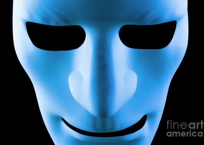 Mask Greeting Card featuring the photograph Blue face artificial intelligence robot by Simon Bratt