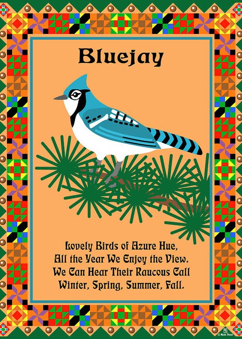 Blue Jay Poem Quilted Border Greeting Card featuring the digital art Blue Jay Quilt by Mark Frost