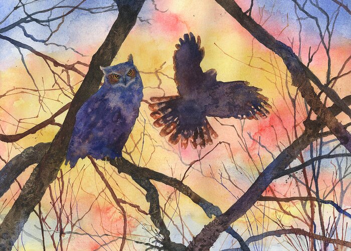 Owl Painting Greeting Card featuring the painting Blue Owl by Anne Gifford