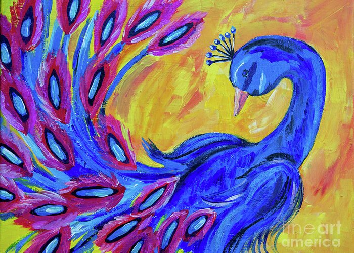 Peacock Greeting Card featuring the painting Blue Peacock by Kathy Strauss