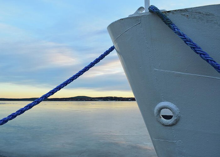 Bay Greeting Card featuring the photograph Blue rope and ship's bow in an icy harbor by Intensivelight