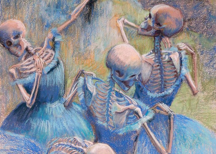 Skeleton Greeting Card featuring the painting Blue Skelly Dancers by Marie Marfia
