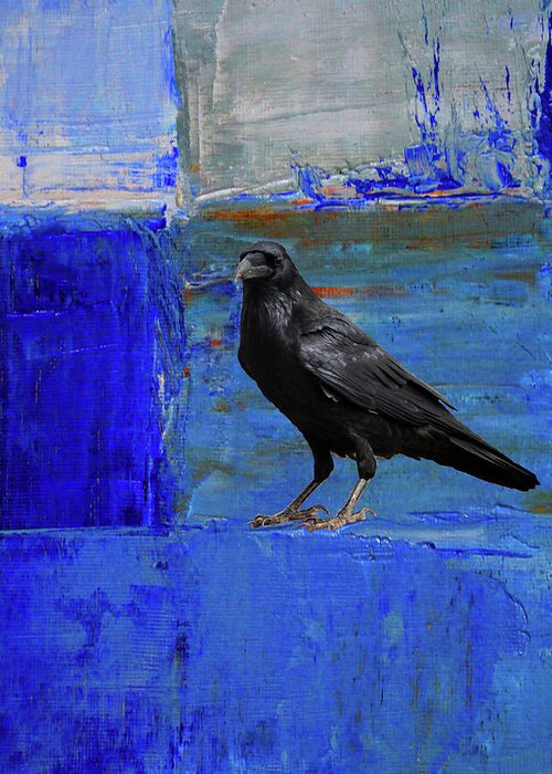 Blue Raven Greeting Card featuring the painting Blue Thoughts by Nancy Merkle