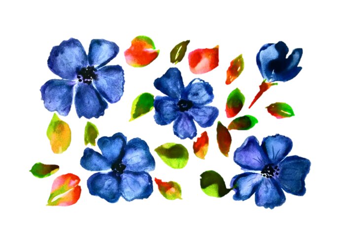 Blue Greeting Card featuring the painting Blue Wild Flowers Watercolor Transparent Background by Delynn Addams