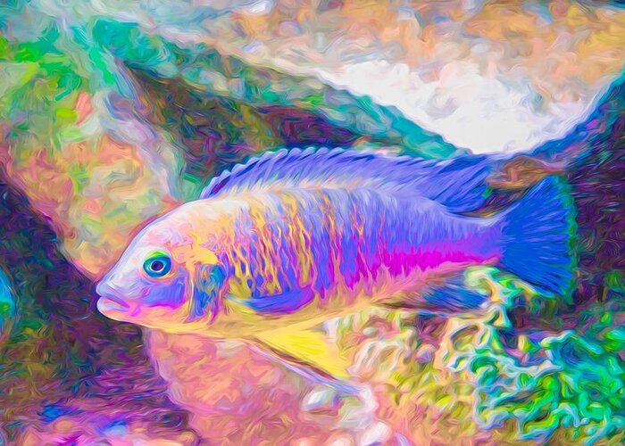African Cichlid Greeting Card featuring the digital art Blue Zebra Limestone Neon by Don Northup