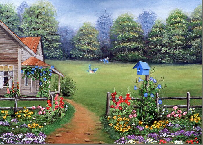 Bluebird House Greeting Card featuring the painting Bluebird House by Arie Reinhardt Taylor