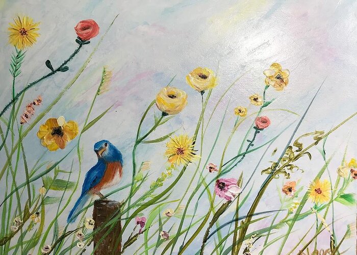 Bird Greeting Card featuring the painting Bluebird in the Wild Flowers by Deborah Naves