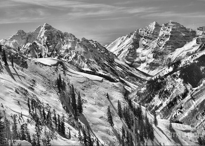 Maroon Bells Greeting Card featuring the photograph Bluebird Skies Over The Bells Black And White by Adam Jewell