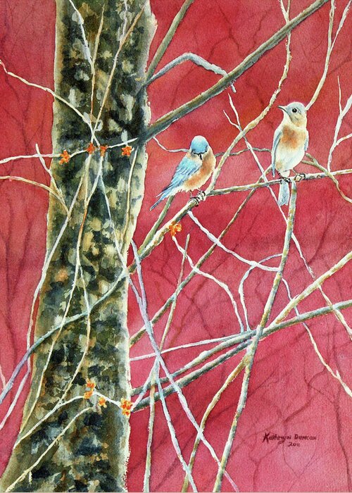 Watercolor Painting Greeting Card featuring the painting Bluebirds In Early Spring by Kathryn Duncan
