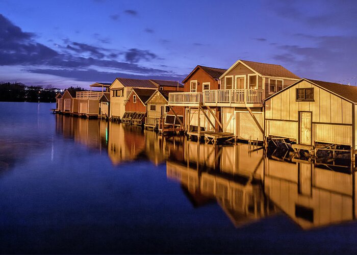 Canandaigua Greeting Card featuring the photograph Boathouse Reflections at Night by Rod Best