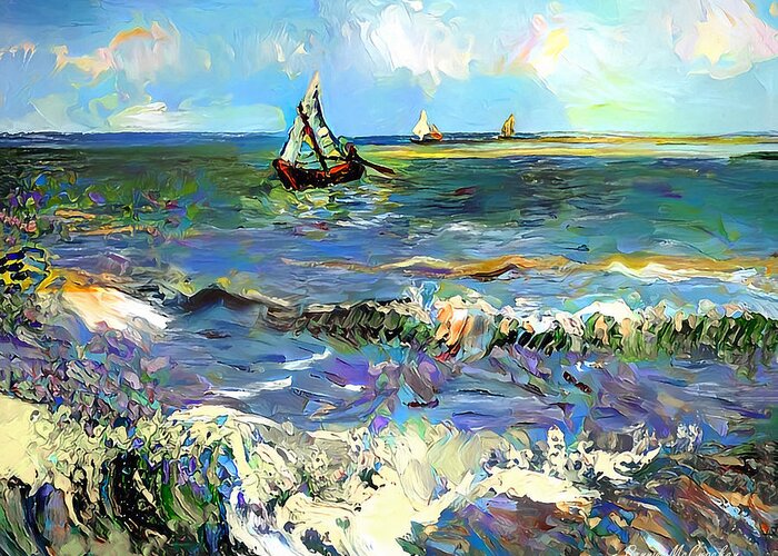 Boats Greeting Card featuring the digital art Boats on the Sea by Pennie McCracken