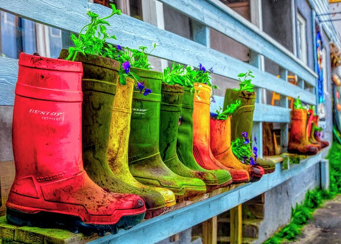 Garden Greeting Card featuring the photograph Boots Galore by Debra and Dave Vanderlaan