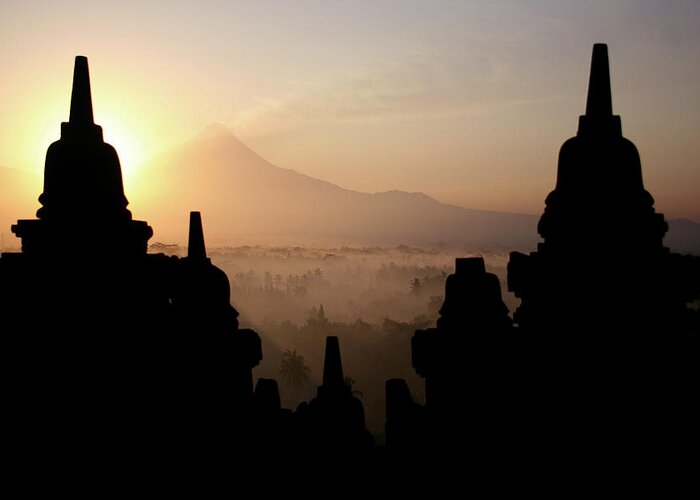Built Structure Greeting Card featuring the photograph Borobodur At Sunrise by Photo ©tan Yilmaz