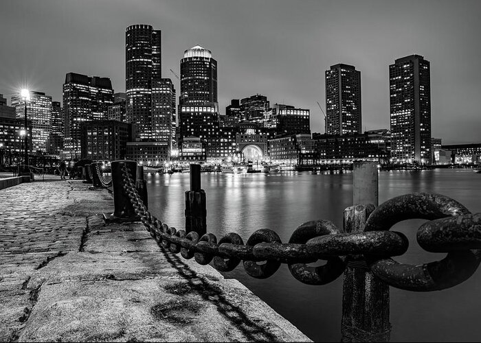 Boston Skyline Greeting Card featuring the photograph Boston Harbor Skyline From the Harborwalk in Black and White by Gregory Ballos