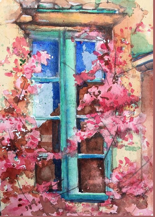 Watercolor Window Greeting Card featuring the painting Bougainvillea reflections by Rebecca Matthews