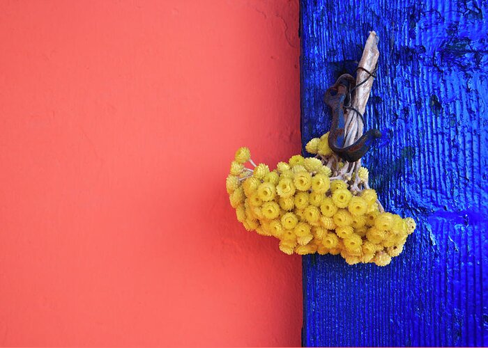 Hanging Greeting Card featuring the photograph Bouquet On Blue Shutters, Crete, Greece by Steve Outram