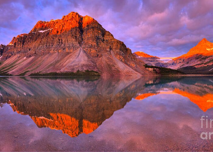 Bow Lake Greeting Card featuring the photograph Bow Lake Summer Sunrise Reflections by Adam Jewell