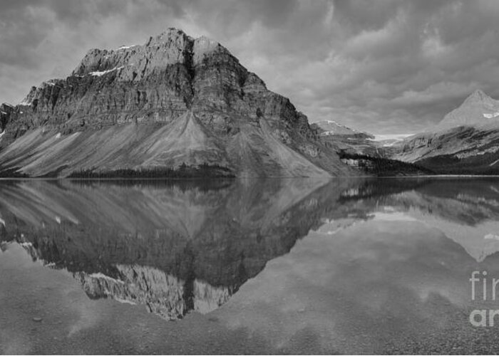 Bow Lake Greeting Card featuring the photograph Bow Lake Summer Sunrise Reflections Black And White by Adam Jewell