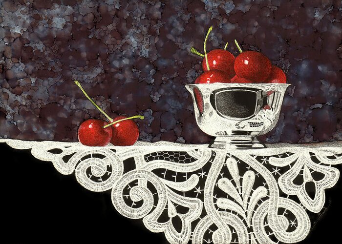 Silver Bowl Greeting Card featuring the mixed media Bowl Of Cherries With Lace by Sandra Willard