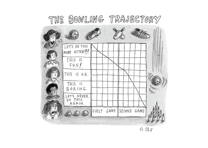 The Bowling Trajectory Bowling Greeting Card featuring the drawing Bowling Trajectory by Roz Chast