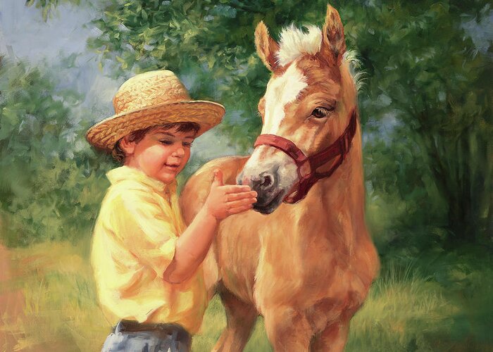 Kids Greeting Card featuring the painting Boy and Foal by Laurie Snow Hein
