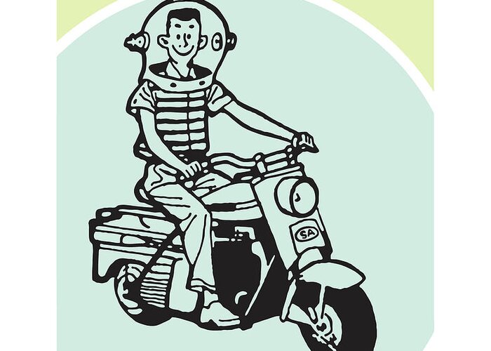 Adult Greeting Card featuring the drawing Boy in Space Helmet on Motorbike by CSA Images