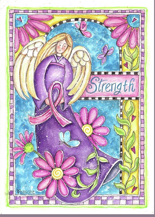 Angel Greeting Card featuring the painting Breast Cancer Awareness: Strength Angel by Shelly Rasche