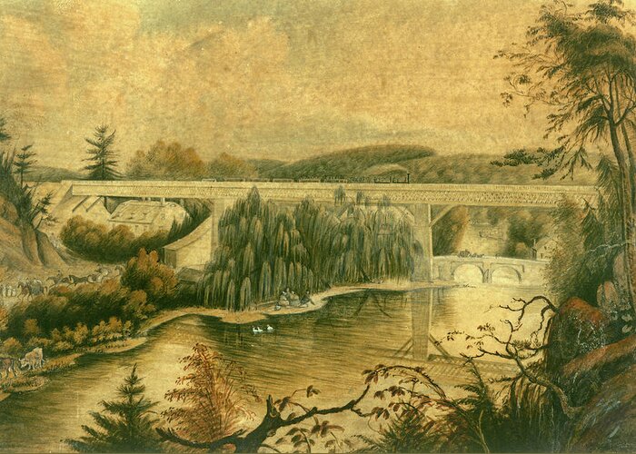 Bridge Greeting Card featuring the drawing Bridge over the Wissahickon Creek, about 1835 by William Breton
