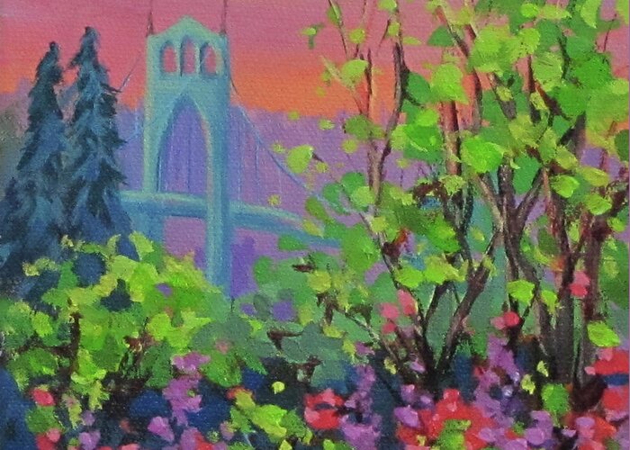 Bridge Greeting Card featuring the painting Bright Spring by Karen Ilari