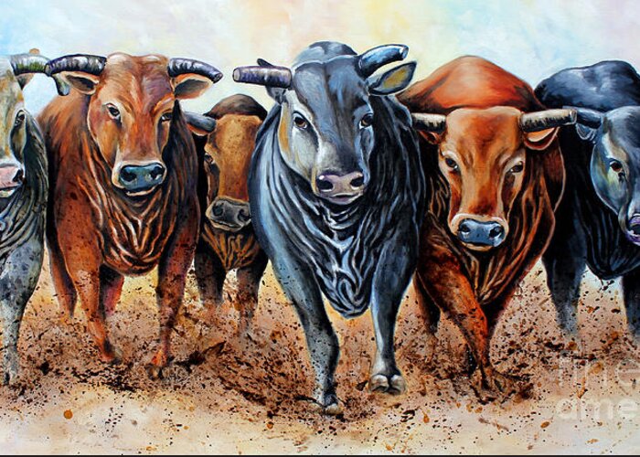 Bull Greeting Card featuring the painting Bring in the Bulls by Pechez Sepehri