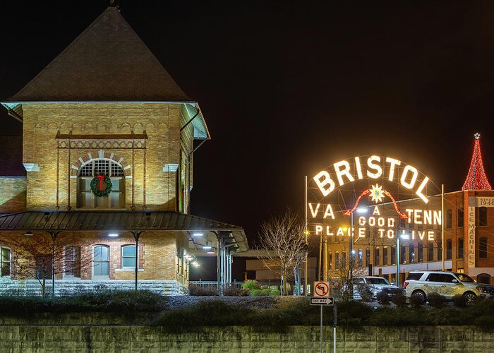 Bristol Train Station Greeting Card featuring the photograph Bristol Sign, Train Station, and Christmas Tree by Greg Booher