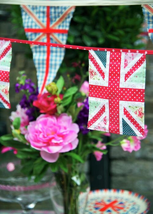 British Flags And Bunting As Decorations For A Garden Party Greeting Card  by Winfried Heinze