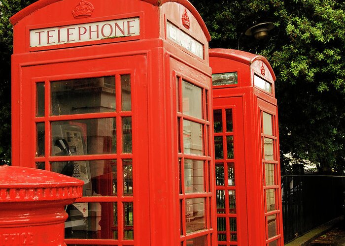 Public Mailbox Greeting Card featuring the photograph British Red Telephone Boxes And Post Box by Lyn Holly Coorg