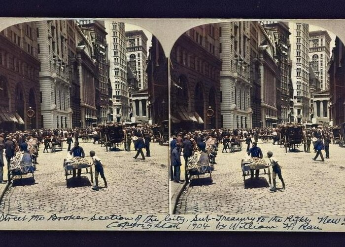 Colorized Greeting Card featuring the painting Broad Street, the broker section of the city, Sub-Treasury to the right, New York City colorized by by Celestial Images
