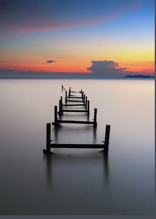 Tranquility Greeting Card featuring the photograph Broken Jetty Sunset by Fakrul Jamil Photography