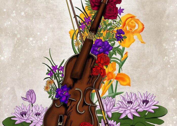 Violin Greeting Card featuring the painting Broken violin surrounded by flowers by Patricia Piotrak
