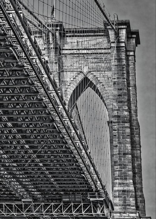 Brooklyn Bridge Greeting Card featuring the photograph Brooklyn Bridge Over and Under BW by Susan Candelario